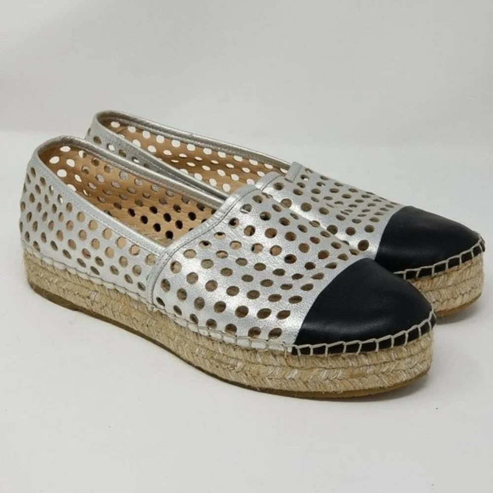 Loeffler Randall Metallic Perforated Platform Espadrille Slip On Shoes Size 8.5
